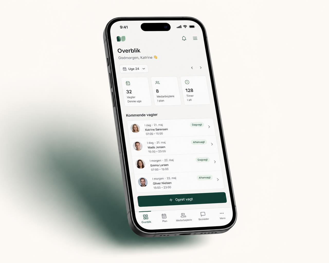 Vagtportal vist på mobil med vagtplan og overblik